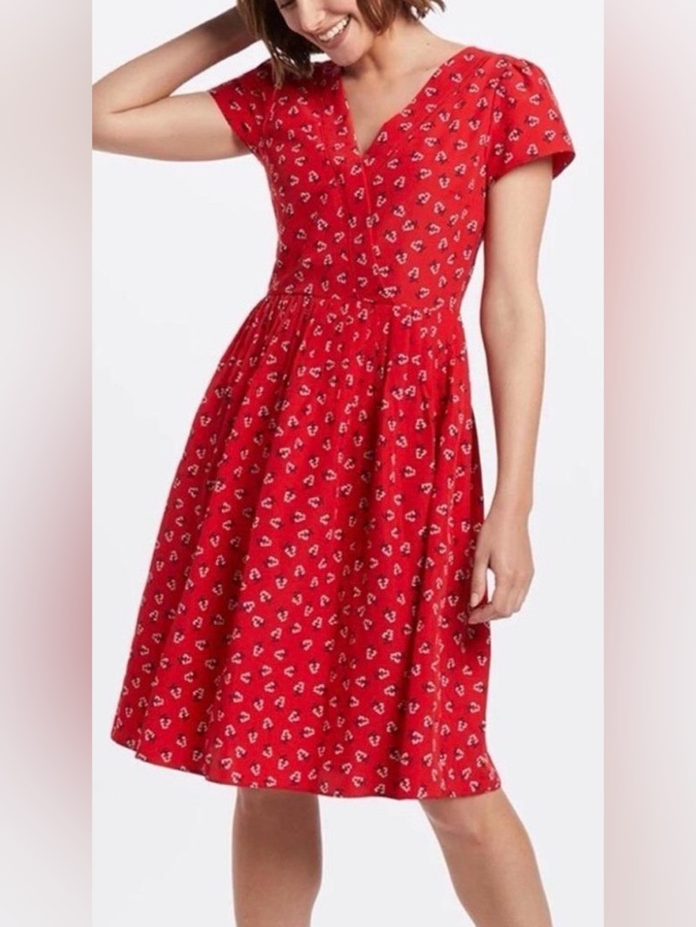 Draper James Red V-Neck Short-Sleeve Midi Dress with Micro Print